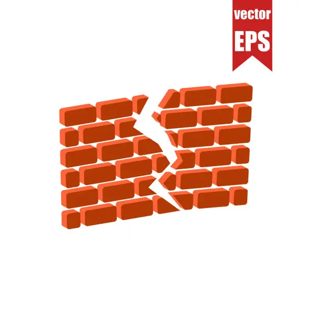 Vector illustration of Ruined brick wall isometric icon.Vector illustration.