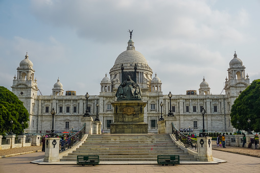 Kolkata, India - April 2, 2017: Memorial of the British Queen Victoria and many people walking around
