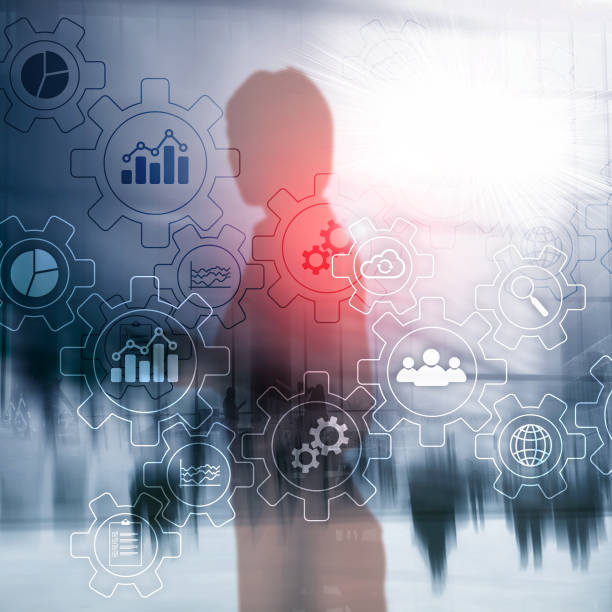 istock Business process abstract diagram with gears and icons. Workflow and automation technology concept. 1134701604
