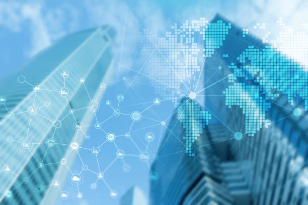 istock Double exposure mixed media. Diagrams, icons and relations structure on hologram screen. Business people and modern city on background. 1134701645