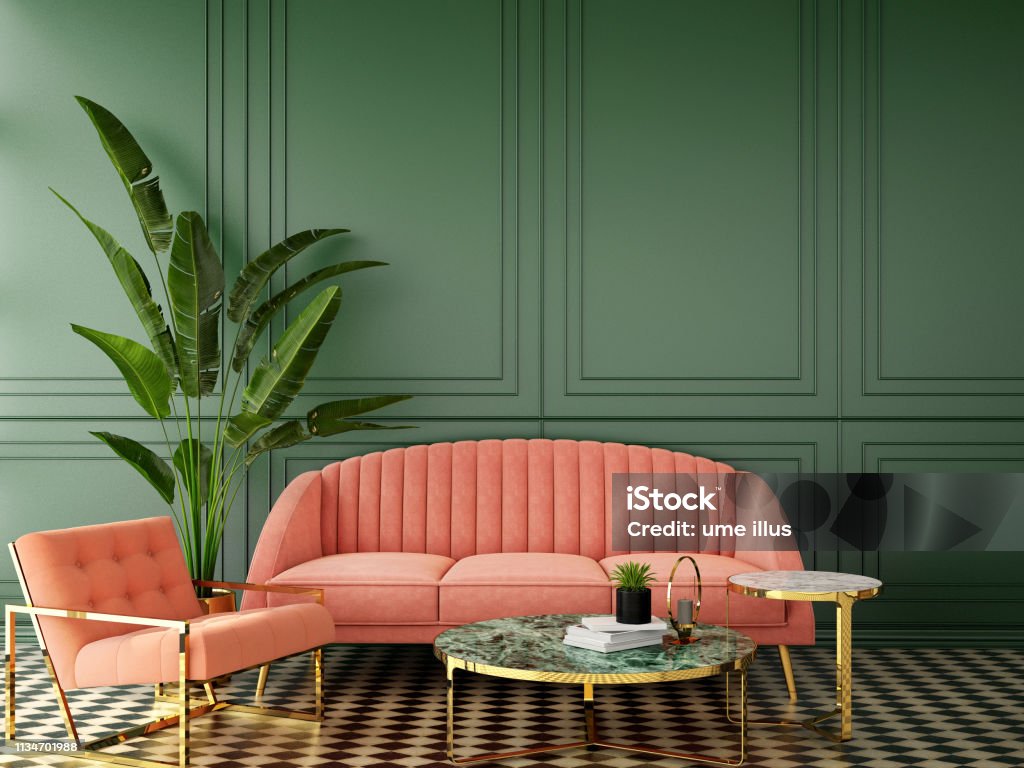 Liivng coral,color of the year 2019,interior design for living area or reception on wood floor and coral background / 3d illustration,3d rendering Luxury Stock Photo