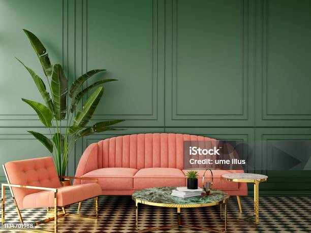 Liivng Coralcolor Of The Year 2019interior Design For Living Area Or Reception On Wood Floor And Coral Background 3d Illustration3d Rendering Stock Photo - Download Image Now