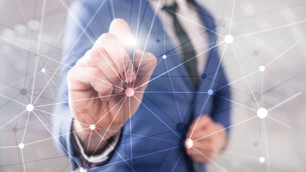 istock Blockchain network on blurred skyscrapers background. Financial technology and communication concept. 1134702147
