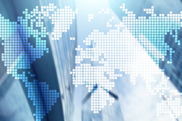 istock Double exposure world map on skyscraper background. Communication and global business concept. 1134702164