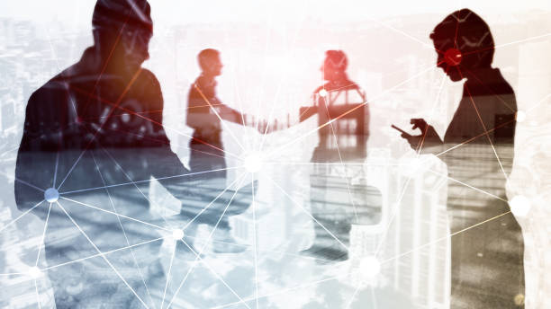 istock Blockchain network on blurred skyscrapers background. Financial technology and communication concept. 1134702205
