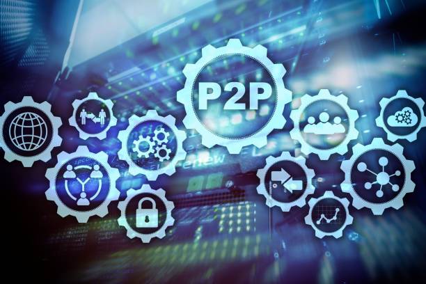 istock Peer to peer. P2P on the virtual screen with a server room background. 1134702253