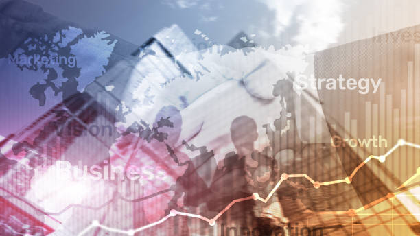 istock Business abstract background double exposure graph, chart and diagram. World wide map and. Global business and financial trading concept. 1134702998