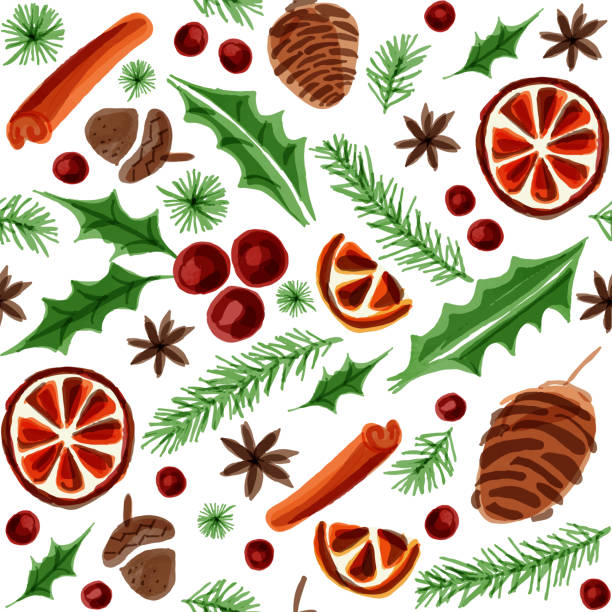 aquarell seamless background mit winterelementen. heißer glühwein inspiriert weihnachtsmuster getrocknete orange, zimt, star anise, acorn, blätter und kiefernbaum-hintergrund. - glühwein stock-grafiken, -clipart, -cartoons und -symbole