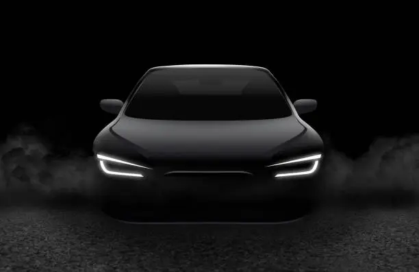 Front view of modern fictitious car on dark background