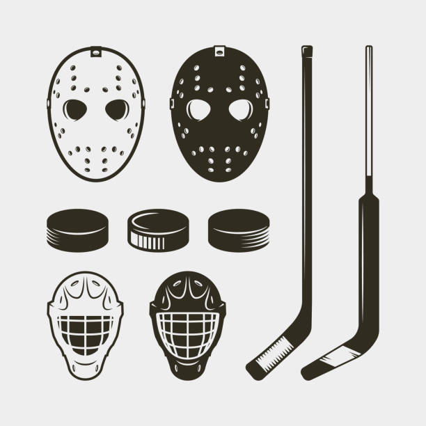 bildbanksillustrationer, clip art samt tecknat material och ikoner med uppsättning hockey utrustning och redskap. hjälm, mask och puck. vektor illustration - hockey