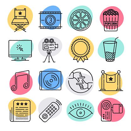 Modern movie recommendation system doodle style concept outline symbols. Line vector icon sets for infographics and web designs.