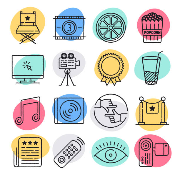 Movie Recommendation System Doodle Style Vector Icon Set Modern movie recommendation system doodle style concept outline symbols. Line vector icon sets for infographics and web designs. professional video camera stock illustrations