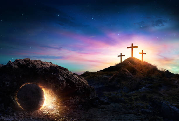 Resurrection - Tomb Empty With Crucifixion At Sunrise Crosses And Empty Tomb of Jesus Christ holy week photos stock pictures, royalty-free photos & images