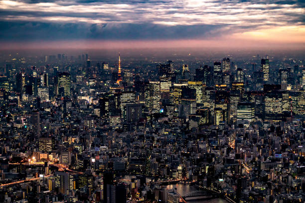 tour de tokyo avec le paysage urbain d'horizon à tokyo, le japon la nuit - tokyo prefecture tokyo tower night skyline photos et images de collection