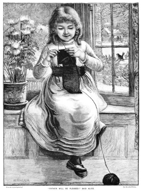 A young Victorian girl knitting a garment of some description for her father. As she is using four double-ended needles it is likely to be one of a pair of socks. From “The Cottager and Artisan 1890”. Published by The Religious Tract Society, London.