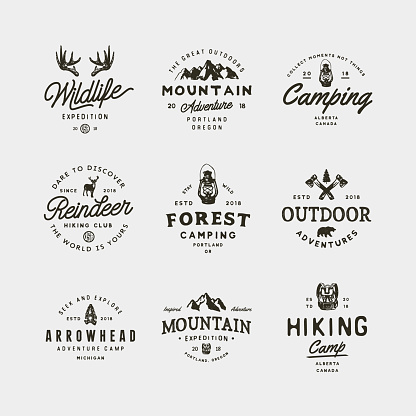 set of vintage wilderness icons. hand drawn retro styled outdoor adventure emblems, badges, design elements, icontype templates. vector illustration