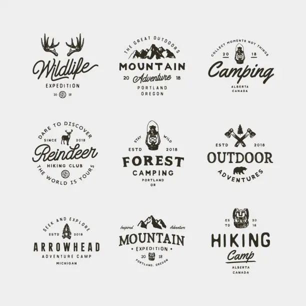 Vector illustration of set of vintage wilderness icons. hand drawn retro styled outdoor adventure emblems. vector illustration