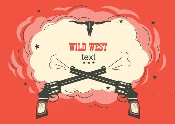 Vector illustration of Wild West illustration with cowboy guns and burst space for text on red background