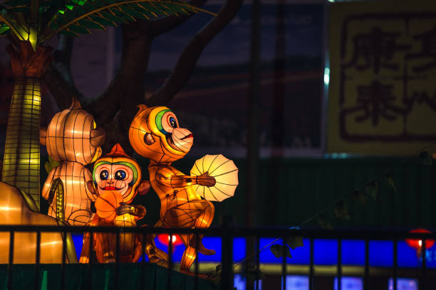 Singapore, Singapore - January 16, 2016: Monkeys and trees made of chinese lanterns to celebrate the Chinese New Year in Chinatown, Singapore.