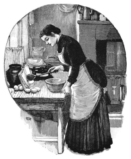 ilustraciones, imágenes clip art, dibujos animados e iconos de stock de mujer victoriana leyendo un recetario mientras cocina - cookbook recipe book old