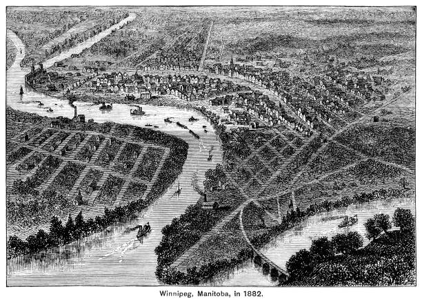 Aerial view of Winnipeg, capital of Manitoba, Canada, in 1882. The city is centred on the confluence of the Red River and Assiniboine River and is named after the nearby Lake Winnipeg which takes its name from the Western Cree words for ‘muddy water’. From “The Cottager and Artisan 1890”. Published by The Religious Tract Society, London.
