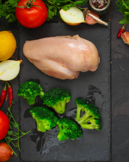 chicken breast, raw meat fillets and other ingredients (vegetables, celery, spices, mushrooms, etc.). food background. copy space