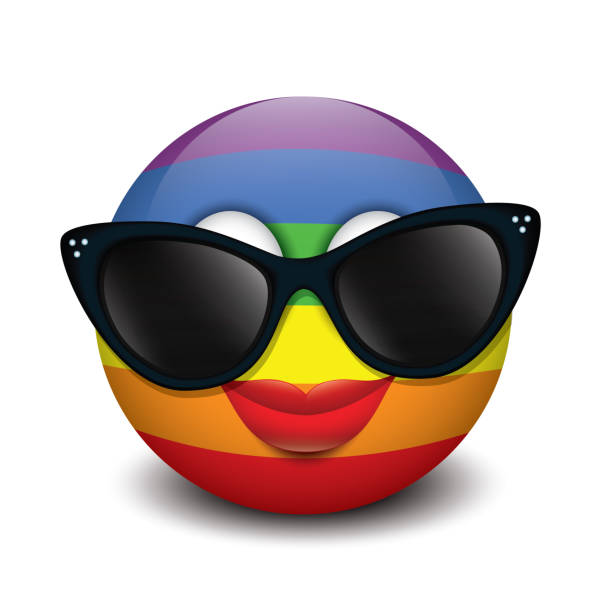 illustrazioni stock, clip art, cartoni animati e icone di tendenza di simpatica emoticon sorridente che indossa occhiali da sole neri, emoji, smiley - illustrazione vettoriale - homosexual human lips lesbian rainbow