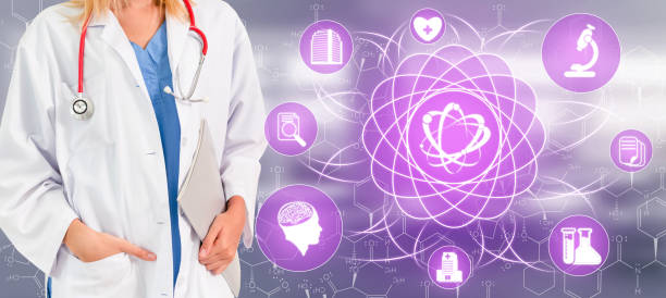 Medical Healthcare Research and Development Concept. Doctor in hospital lab with science health research icon show symbol of medical care technology innovation, medicine discovery and healthcare data. concepto de investigación y desarrollo de salud médica. doctor en laboratorio hospitalario con icono de investigación de la salud de la ciencia muestra el símbolo de la innovación tecnológica de atención médica, descubrimiento de medicinas y datos