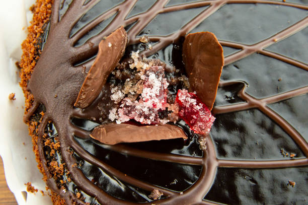 istock chocolate cake with chocolate leaves and marmalade 1134727381