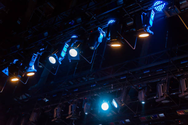 istock Lighting equipment on the stage of the theater or concert hall. Rays of light from the floodlights 1134731602