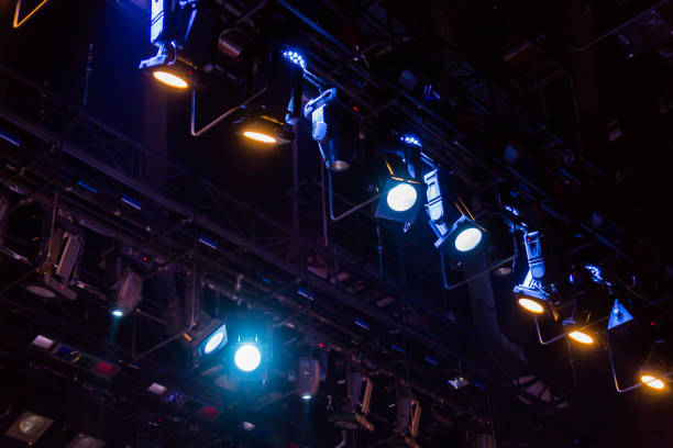 istock Lighting equipment on the stage of the theater or concert hall. Rays of light from the floodlights 1134731895
