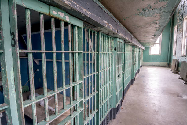 istock Row of jail cell doors painted green with windows looking outside 1134737836
