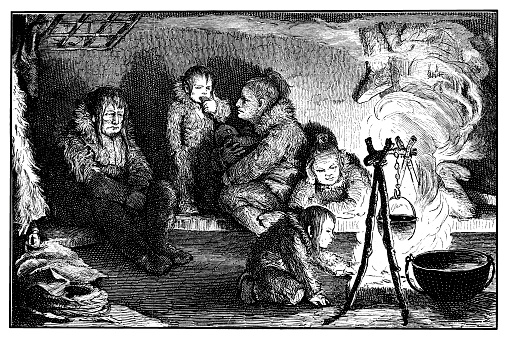 Illustration of a Eskimo family in igloo (winter habitation)