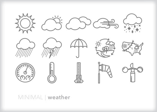 ilustrações de stock, clip art, desenhos animados e ícones de weather icons for every season showing precipitation, wind, rain, snow, lightning and ways to measure and track weather - anemometer meteorology measuring wind