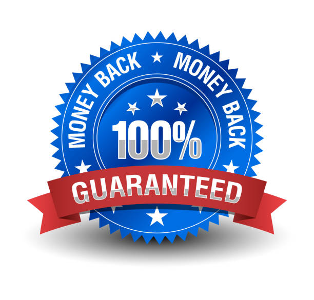 istock Powerful 100% money back guarantee blue badge with red ribbon. 1134739090