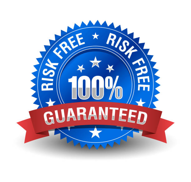 istock Risk free guaranteed, with blue badge and red ribbon. 1134739150