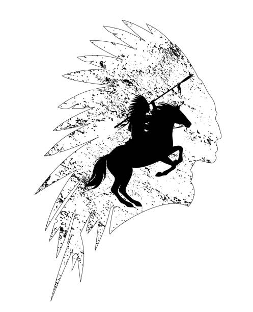native american rider chief black vector outline native american chief riding a horse and profile head wearing feathered headdress black and white vector outline chiefs stock illustrations
