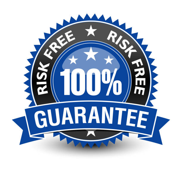 istock 100% risk free guarantee with blue ribbon on top, isolated on white background. 1134741404