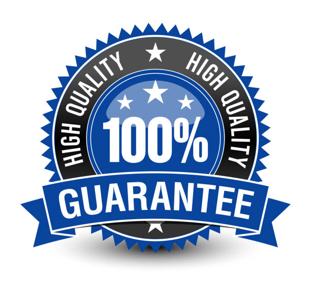 istock 100% high quality guarantee badge with blue ribbon on top, isolated on white background. 1134741416