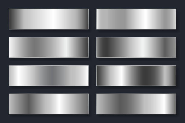 ilustraciones, imágenes clip art, dibujos animados e iconos de stock de colección de fondos con gradiente metálico. placas brillantes con efecto cromado plateado. ilustración vectorial - color-plateado