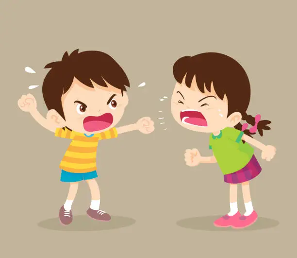 Vector illustration of angry  student boy and girl are quarreling