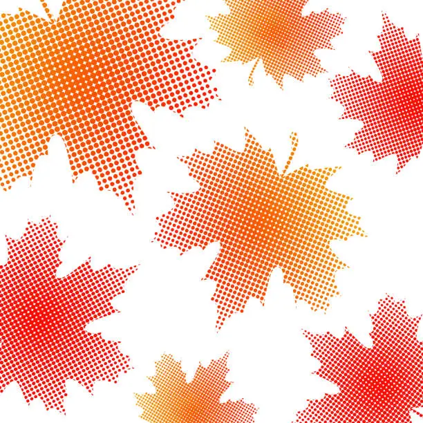 Vector illustration of Bright maple leaves from small halftone circles on a white background.