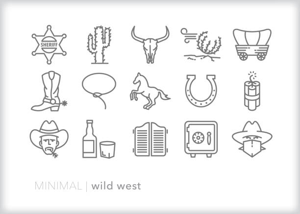 Wild west line icons of the American western frontier when cowbows and sheriffs hunted robbers and saloons where plentiful Set of 15 gray wild west line icons of American west cowboys, sheriff, robber, cactus, lasso, horse, saloon, tumbleweeds and wagons sheriff illustrations stock illustrations
