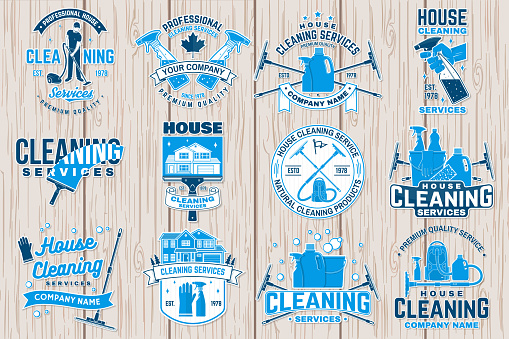 Cleaning company badge, emblem. Vector illustration. Concept for patch, print, stamp or sticker. Vintage typography design with cleaning equipments. Cleaning service sign for company related business