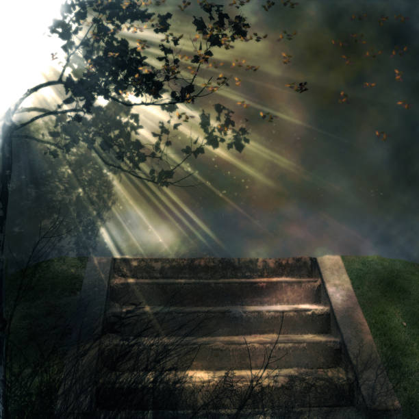 stairs in nature illustration with sun rays coming from one side background
