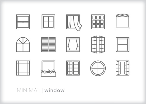Set of 15 gray window line icons for houses and businesses including casement, double hung, glass block, circle, shutter, arched and decorative windows