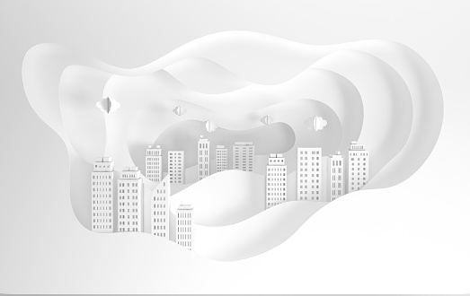 White paper skyscrapers and waves. Achitectural building in panoramic view. Modern city skyline building industrial paper art landscape skyscraper offices. 3d rendering illustration