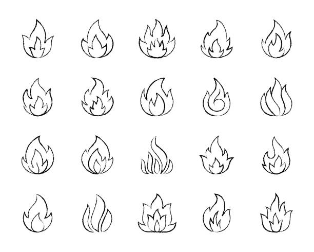 Fire charcoal draw line icons vector set vector art illustration