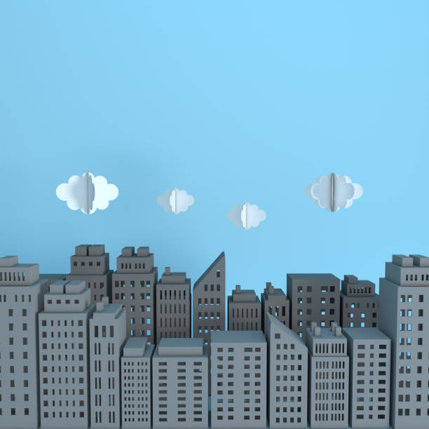 istock Grey paper skyscrapers and clouds. Achitectural building in panoramic view. Modern city skyline building industrial paper art landscape skyscraper offices. 3d rendering illustration 1134748155