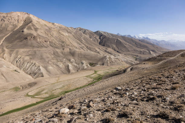 타지 키스탄의 파 미르 산맥의 사막 풍경에 파 미르 하이웨이. 아프가니스탄 왼쪽에 - pamirs 뉴스 사진 이미지